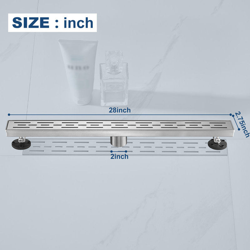 Drain de douche linéaire 28 po avec grille à motif de barre amovible, drain linéaire avec crépine et pieds de nivellement, acier inoxydable, nickel brossé