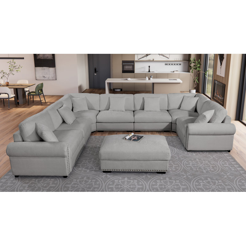 Errett Modern Fabric Reversible 8 Seater Corner Sectional With Movable Ottoman, Light Gray Polyester