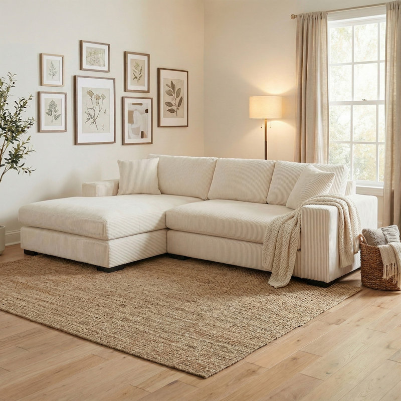 Canapé modulaire de 111,52 po faisant face à la gauche avec méridienne, Velours côtelé beige
