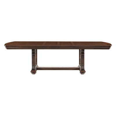 Devi Dining Table, 80-108 Inch Extendable Top, Trestle Base, Oak Brown