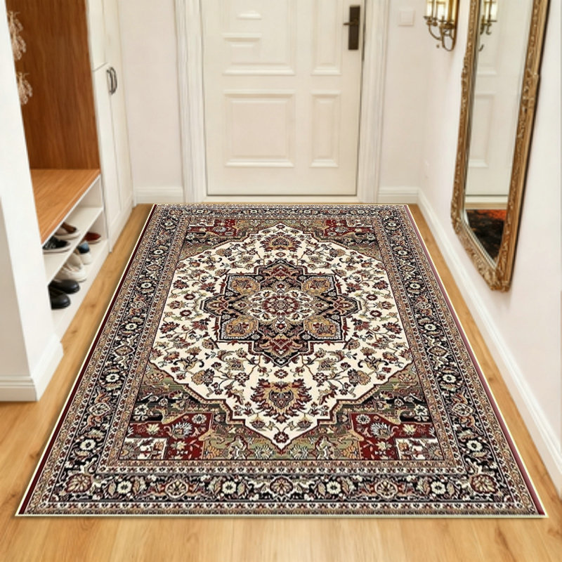 Vintage Living Room Carpet - Large Soft Washable Oriental Traditional Bedroom Antique Farmhouse Carpet - Interior Floor Decoration Carpet - Beige