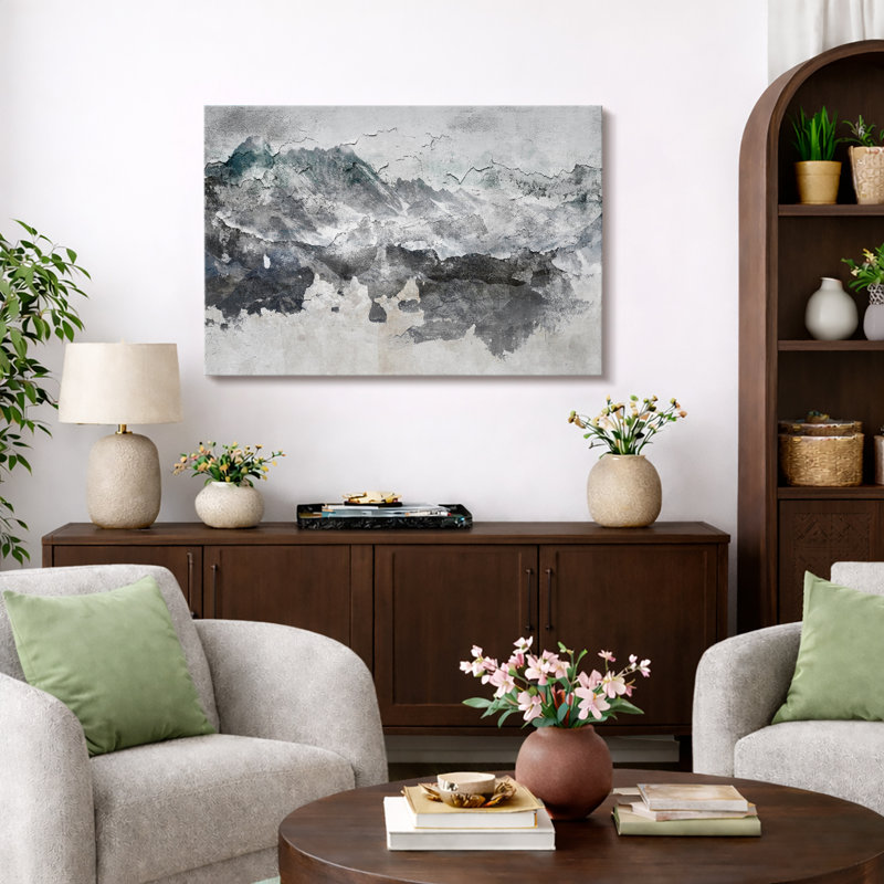 Abstrait paysage de montagne gris, images de salon, impression sur toile encadrée sur toile., H 16 po x l 24 po, Toile tendue