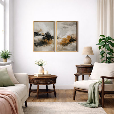 Bold Neutral Abstract Artwork with Black and Ochre Forms, Living Room Pictures, Framed Canvas Giclee Print Wall Art