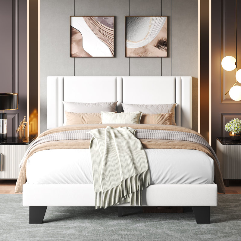 Structure de lit tapissier grand avec tête de lit en tissu de velours, support de lattes en bois robuste, silencieux, sans sommier tapissier, blanc 