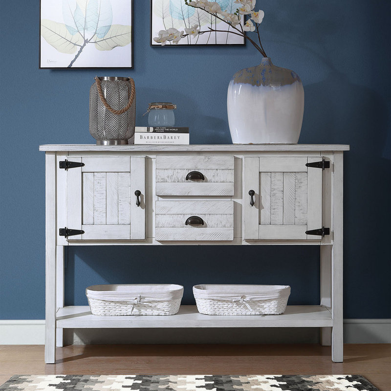 Alcimon Retro Wood Sideboard | 2 Drawers, 2 Cabinets & Bottom Shelf for Dining/Living Room, Antique White