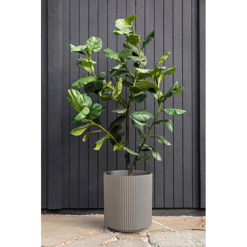 Demi 20" Gray Plastic-Stone Round Planter with Fluted Edges