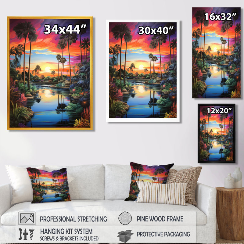 Coucher de soleil sur une oasis tropicale avec palmiers - art mural de rivière, salon, H 20 po x l 12 po x P 1 po