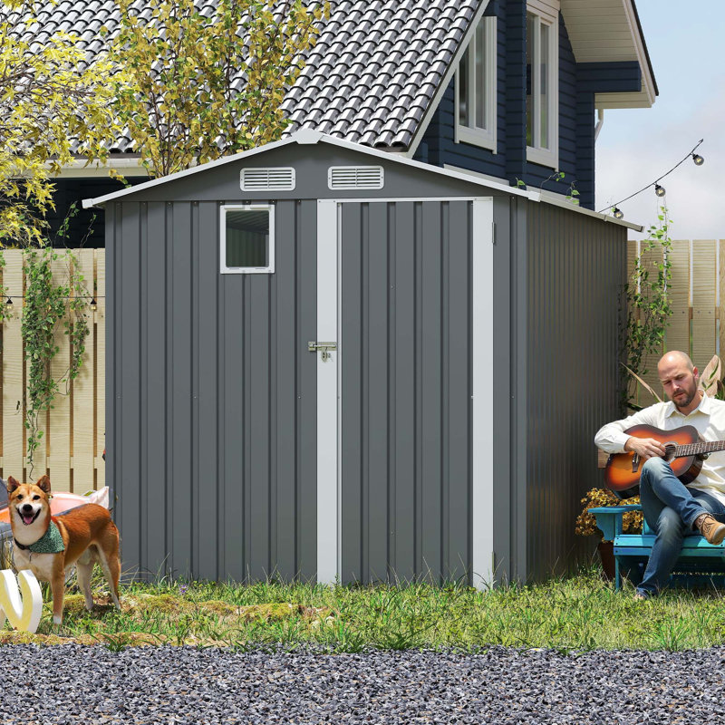 6X8ft Outdoor Steel Storage Shed With Clear Window, Lockable Doors, Compact Metal Tool Shed For Garden, Backyard, Patio, Utility, And Bike Storage