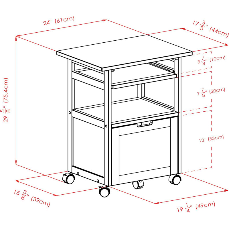 Mobile Printer Station And Organizer With Storage Drawer, Solid And Composite Wood Construction, Walnut Finish, Assembly Required