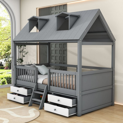 Milinocket Wood Loft Bed With 4 Drawers And Roof