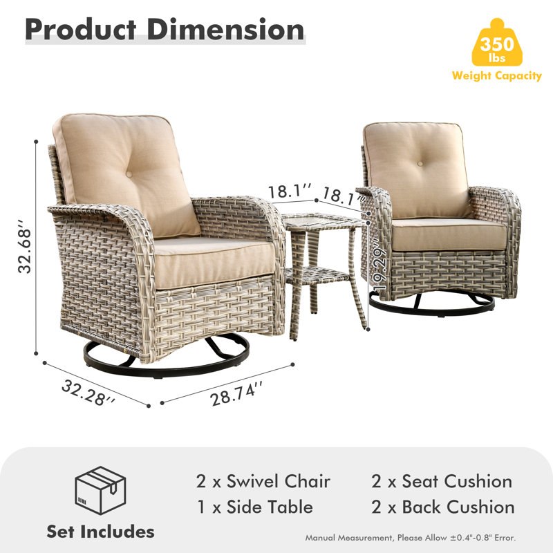 Chaises pivotantes d'extérieur en osier pour 2 personnes avec table d'appoint Emroy, Beige