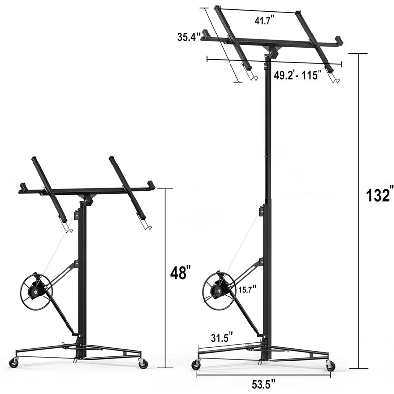 Palan à panneau de levage à cloison sèche de 11 pi avec rotation à 360 °, cric robuste de 150 lb, bras télescopique réglable et roulettes verrouillables
