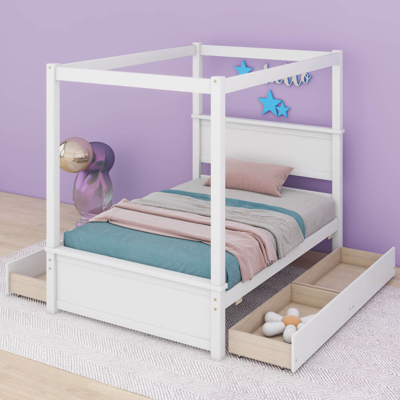 Adwoa Wood Canopy Bed with four Drawers, Brushed White