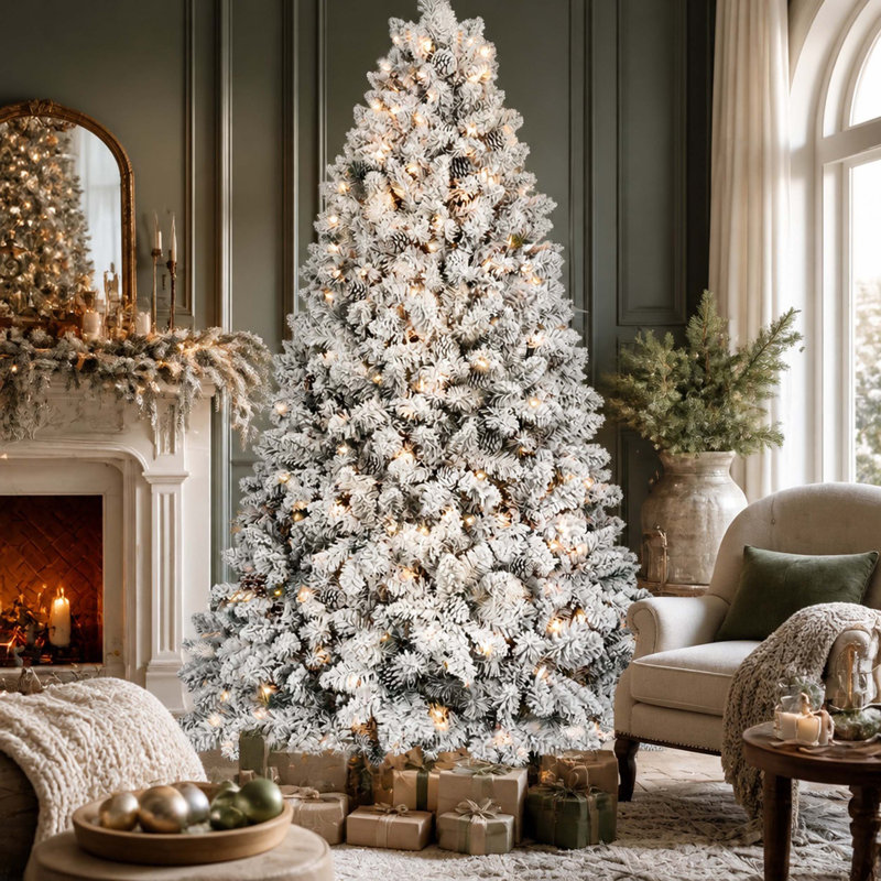 9FT Flocked Christmas Tree with 750 UL Lights and 63 Natural Pine Cones, Snowy PVC Tips, 2095 Tips, Hinged Structure, Stable Metal Stand, Easy Setup