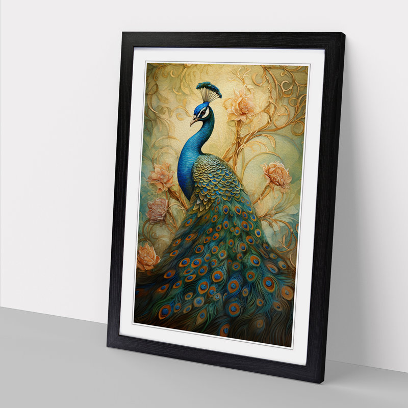 Peacock Tachisme - Single Picture Frame Print on Wood, 34cm H x 25cm W x 2" D, Black Framed