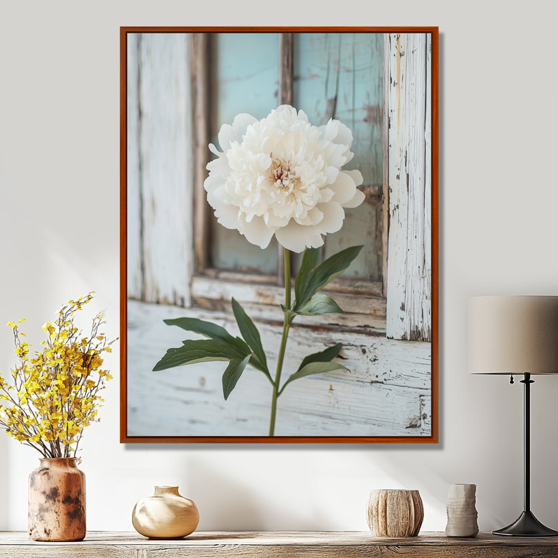 Photo pivoines par la grange laitière II - pivoines, art mural, H 32 po x l 24 po, Reproduction avec cadre flottant, Brun