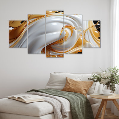 «Flowing Golden Sunshine II», ensemble d'art mural abstrait à encre liquide, 5 pièces