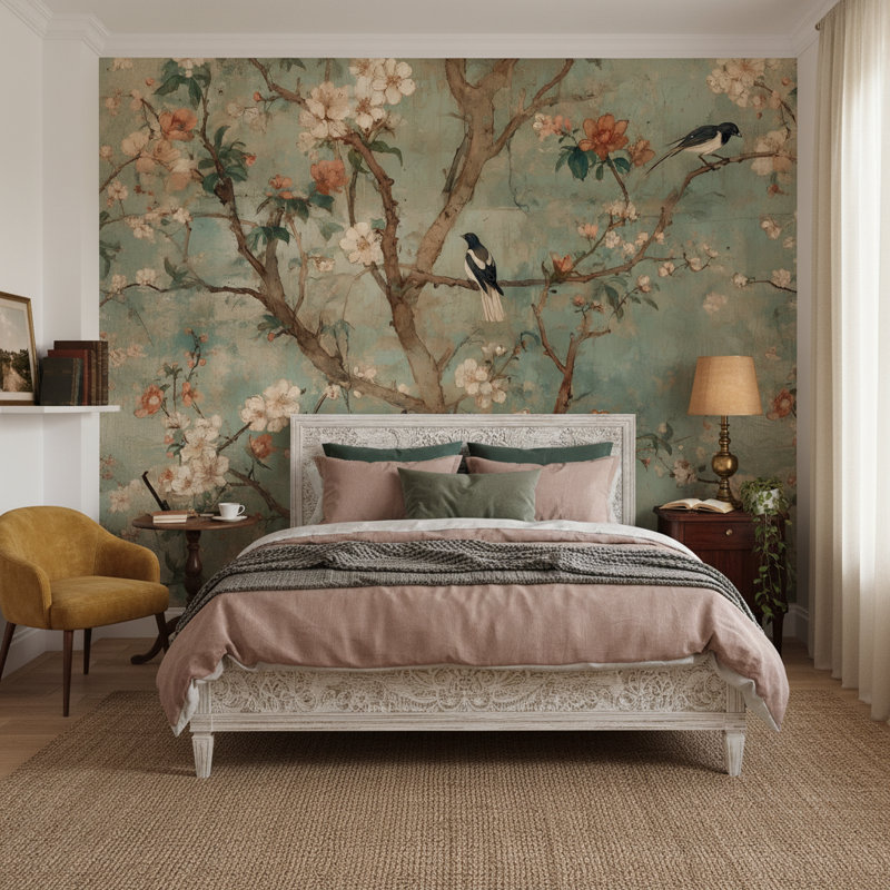 Papier peint floral rétro bleu sarcelle, 200 po L x 120 po L