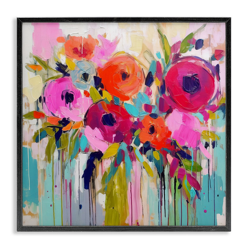 «Bold Drip Roses», art de la giclée encadrée par Irena Orlov, H 12 po x l 12 po, Giclée encadrée noir minuit
