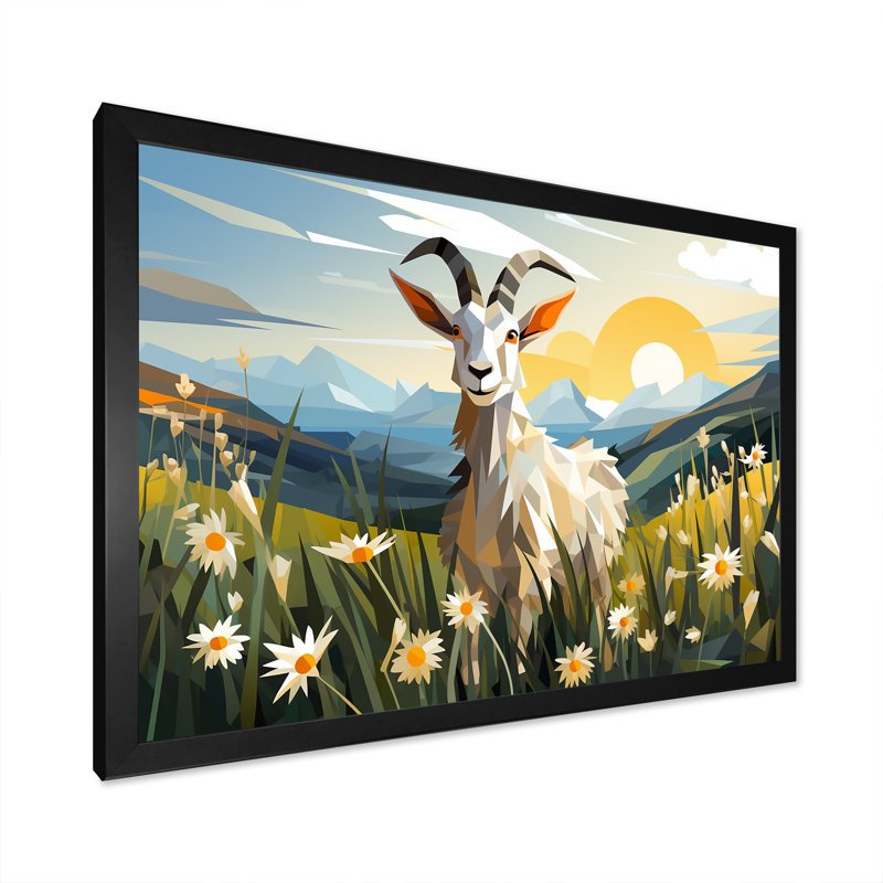 «Goat Pasture Patterns III», art mural animal de chèvre, Cadre d'angle fermé noir, H 24 po x l 32 po x P 1 po
