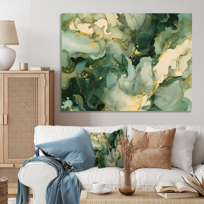 «Green Luxury Abstract Fluid Art I», art mural fractales, Toile tendue, H 30 po x l 40 po x P 1,5 po