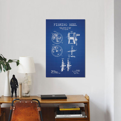 « e.c. vom hofe fishing moulinet brevets », reproduction d’impression sur toile dans une grille bleue