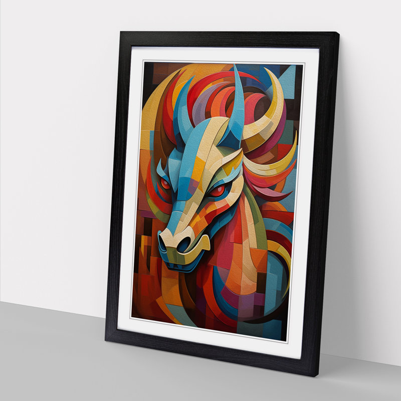 Dragon Cubism - Single Picture Frame Print on Wood, Black, 34" H x 25" W x 2" D