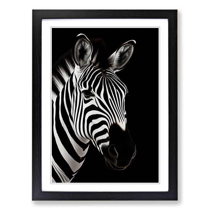 Zebra Minimalism - Single Picture Frame Print on Wood, 34cm H x 25cm W x 2cm D, Black