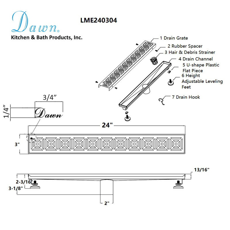 Mamore River Series 24 Inch Long Floor Stainless Steel  Linear Shower Drain