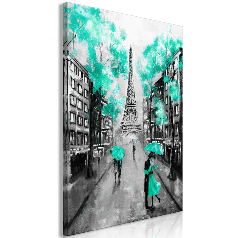 Paris Rendez-Vous - Painting on Canvas, 90cm H x 60cm W x 1.3cm D, Green/Grey