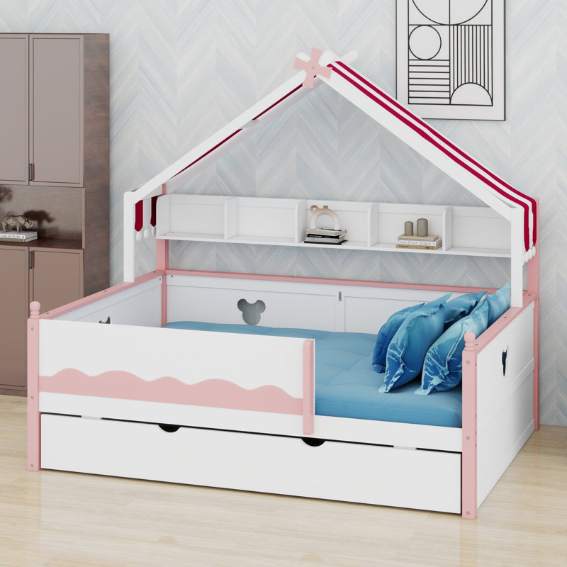Lit de jour avec lit gigogne et étagère, baldaquin en forme de maison pour les chambres d'enfants, Lit double, White+Pink