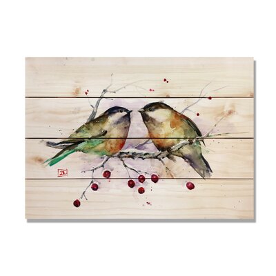Two Winter Chickadees Watercolor Wood Art Print -  Red Barrel Studio®, D381B7CB14914B85AB916C3788CDCB84