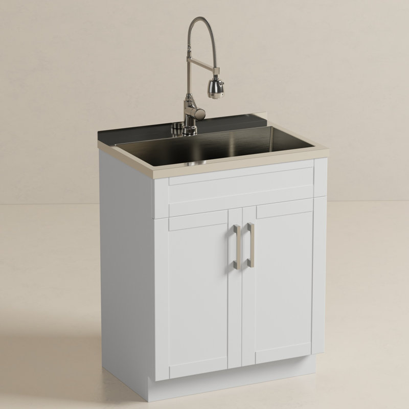 Évier utilitaire Shori de 71 cm (28 po) de largeur et meuble de buanderie avec robinet à col de cygne et évier en acier inoxydable