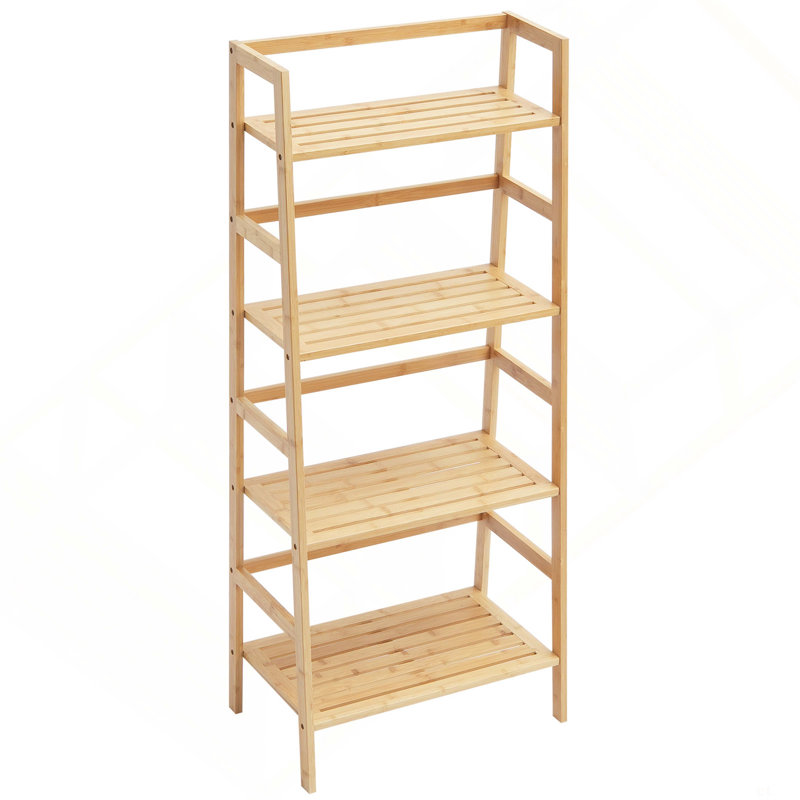 Étagère en bambou à 4 niveaux, étagère en rotin, bibliothèque ouverte trapézoïdale, support de rangement pour présentoir, support pour plante à fleurs autoportante, étagère échelle idéale pour la salle de bain, la chambre à coucher, le bureau, le bureau, naturel