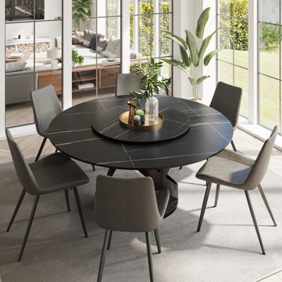  Modern Round Dining Table, Sintered Stone Tabletop with Lazy Susan, Carbon Steel Base Pre-Assembly