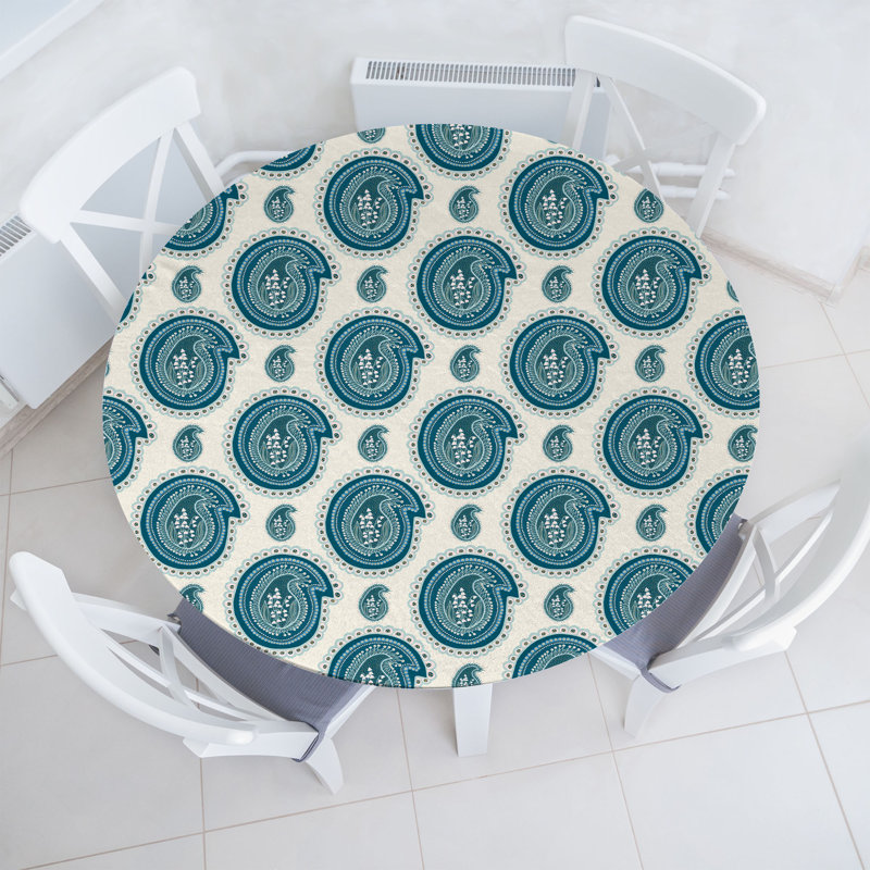 East Urban Home Oriental Fitted Round Tablecloth Dark Teal Ivory, 51.97" Round