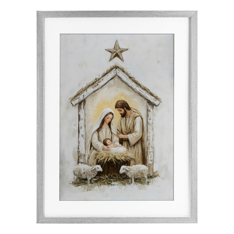 Petits agneaux et crèche de Noël, reproduction sous verre, design par Petal Prints Design, H 20 po x l 14 po