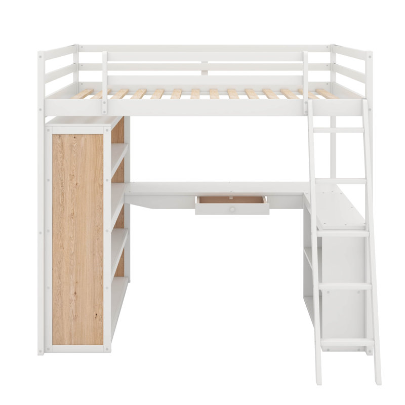 Lit mezzanine double avec tablettes et bureau, Blanc