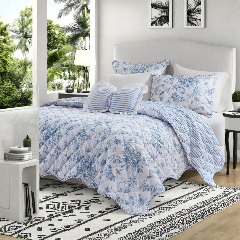Modern Reversible Bedding Sets, Polyester Full Queen Floral Quilt for Home