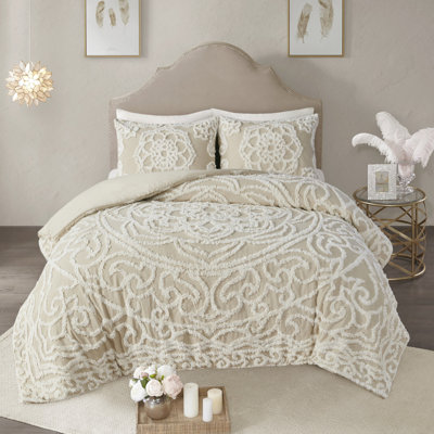 Housse de couette en coton très grand / très grand - taupe Conception d'inspiration mondiale. 100% pour la douceur. Détails du médaillon. 2 taies décoratives. . Fermeture à boutons et attaches intérieures, ensemble 3 pièces taupe. Rêves paisibles. Chenille