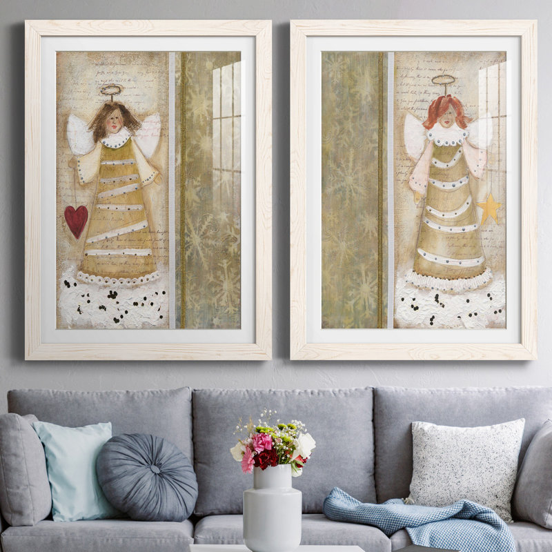 «Cloud Angel with Heart», ensemble de 2 peintures, H 44 po x l 31 po x P 1 po, Papier encadré blanc, Blanc
