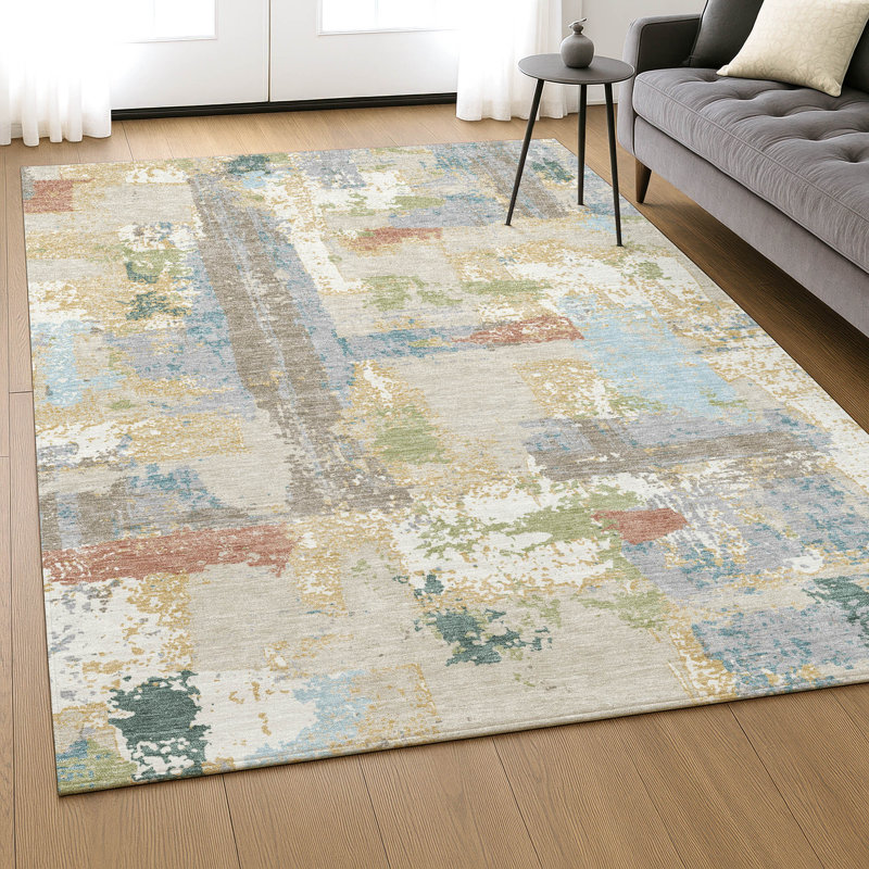 Premium Machine Washable Mayfield AMF2212 abstract Rug, Beige, 9' x 12'