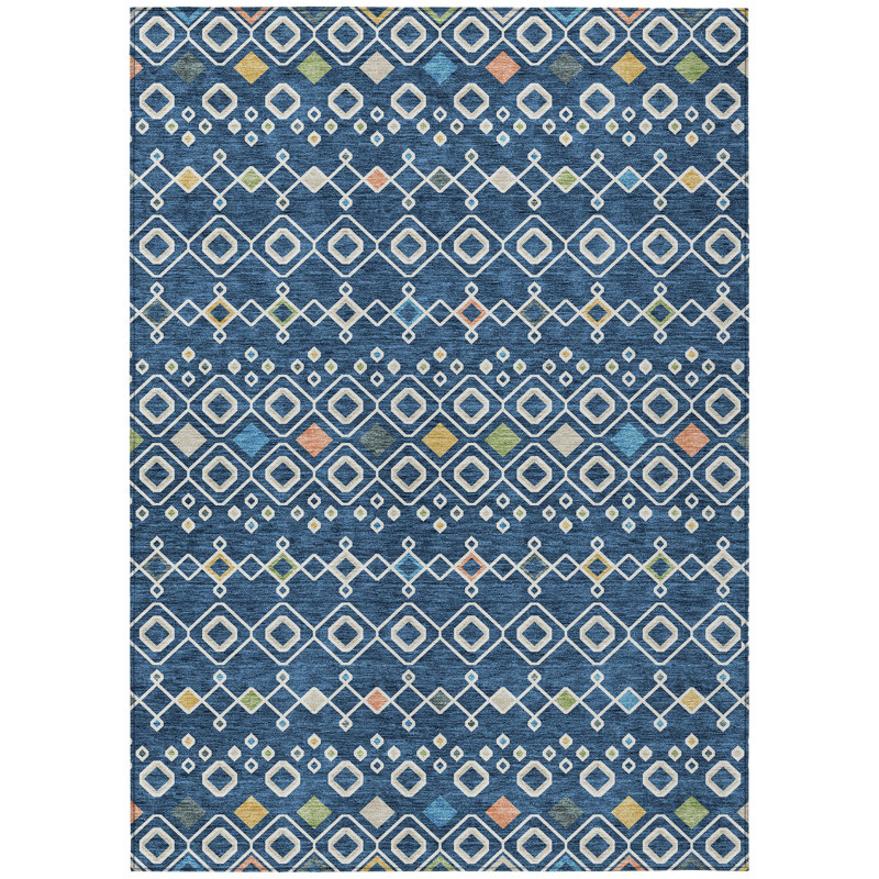 Tapis intérieur / extérieur ivoire et pêche géométrique lavable 9 pi x 12 pi bleu marine