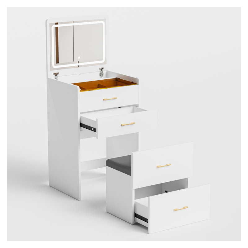 Bureau de coiffeuse 3 en 1 avec miroir ouvert, ensemble de coiffeuse en verre avec station de charge, 3 tiroirs et tabouret rembourré - Coiffeuse compacte pour l'organisation de la chambre à coucher