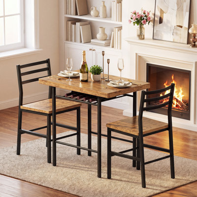 3 Piece Dining Table Set for 2, 31.5 Inch Compact Kitchen Table with 2 Chairs, Space Saving Dinette Set with Built-in Wine Rack, MDF Top with Metal Frame, for Small Spaces, Apartment, Breakfast Nook