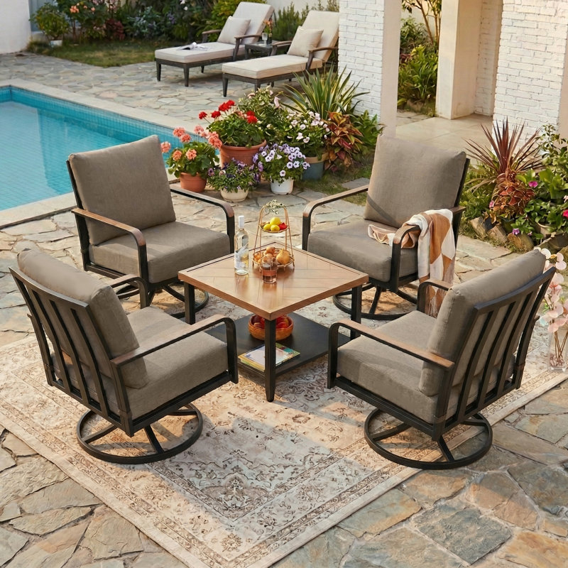 5 Pieces Outdoor Conversation Set With 4 Rockers And 6" Thick Cushions, Shale Cushion/Black Frame