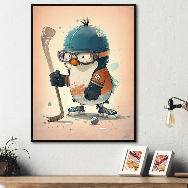 Dessin animé pingouin, impression sur toile, H 40 po x l 30 po x P 1,5 po, Toile avec cadre flottant noir
