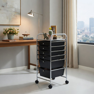  Chariot de rangement roulant à 6 tiroirs avec freins, structure en acier robuste, tiroirs en PP, organisateur compact pour la cuisine, la salle de bain, la salle de bricolage et le bureau, noir