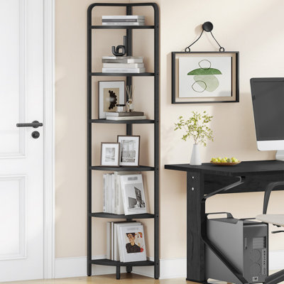 Tablette de coin, bibliothèque de coin, tablette pour plante, support de présentation en coin, tablette avec cadre en métal pour le salon, la salle de bain, la cuisine, style moderne, 6 niveaux, noir