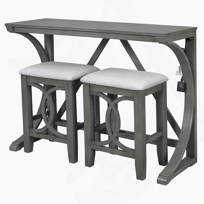 Ensemble de table de salle à manger 3 pièces à hauteur de comptoir avec port USB et tabourets rembourrés, Gris, Gris